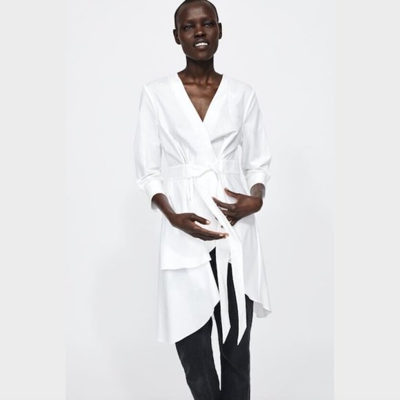 SOLD Zara White Asymmetric Tunic Top Size XS Wrap Tie Draped 3/4 Sleeve Cotton - Picture 4 of 12